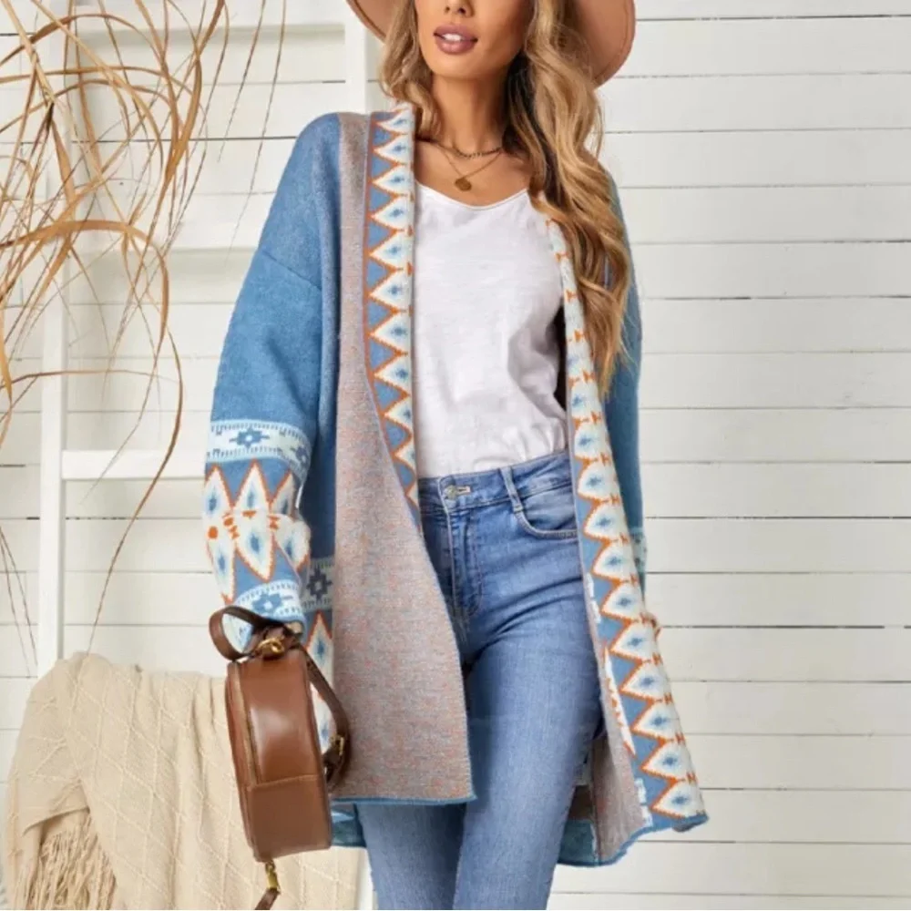 Cardigan Aztec Sweater ~ Long Sleeve Tribal Print Wool Knit Open Front in Blue - Picture 6 of 16